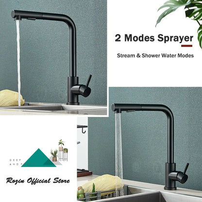 Rynx | Black Pull Out Kitchen Sink Faucet - Flexible 2 Modes Stream & Sprayer Nozzle, Stainless Steel Hot Cold Water Mixer Tap Deck