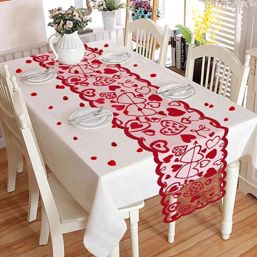 Rynx | Valentine's Day Love Heart Hollow Lace Table Runner - Romantic Decor for Weddings and Parties