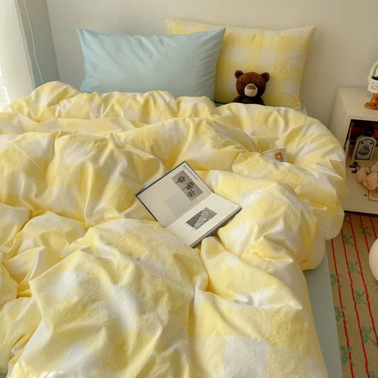 Rynx | Korean bedding set INS girl striped soft washed cotton sheet set queen king size duvet set pillowcases bedding