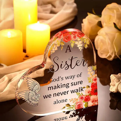 Rynx | Bestie Sister Rose Print Crystal Acrylic Heart Plaque Memorial Birthday Gift for Family Member Good Friend Souvenir Table Decor