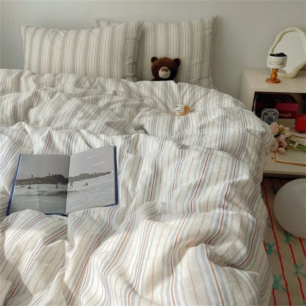 Rynx | Korean bedding set INS girl striped soft washed cotton sheet set queen king size duvet set pillowcases bedding