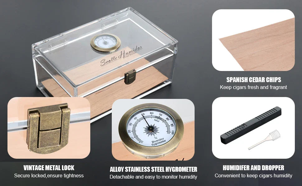 Rynx | Scotte Acrylic Cigar Case Humidor – Holds 20 Cigars, Includes Hygrometer, Humidifier, Cigar Cutters, Punch & Accessories