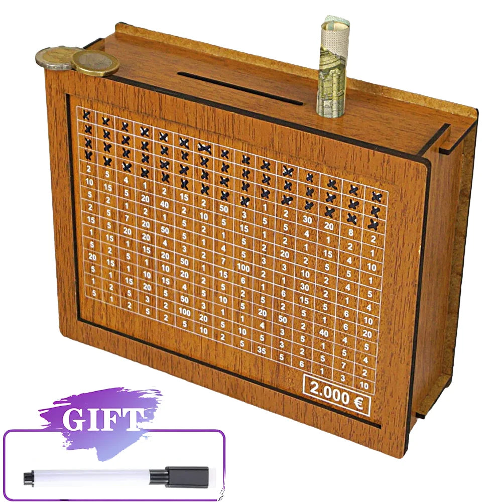 Rynx | Reusable Wooden Piggy Bank - Euro Money Box in 1000/2000/3000/5000 Sizes with Saving Goals and Number Boxes
