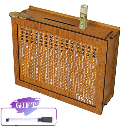 Rynx | Reusable Wooden Piggy Bank - Euro Money Box in 1000/2000/3000/5000 Sizes with Saving Goals and Number Boxes