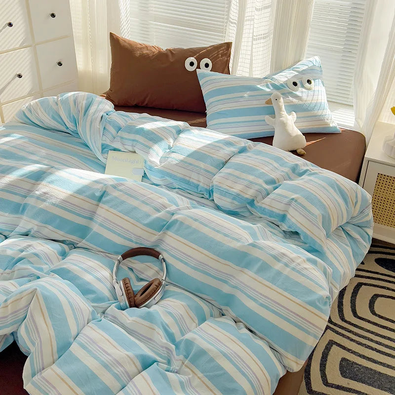 Rynx | Striped Bedding Comfort Set with Pillowcase Bed Sheet Twin Size Full Size Bedding Duvet Set Queen/King Double Twin Bed
