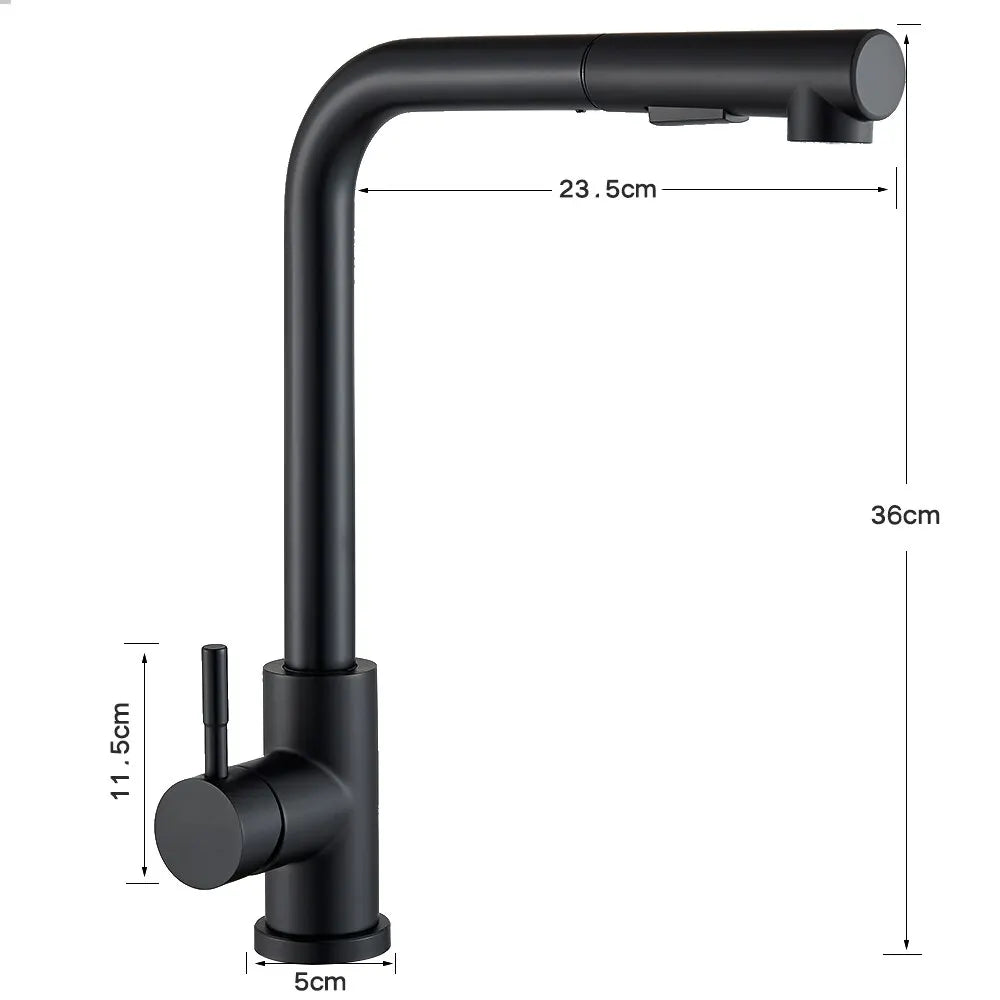 Rynx | Black Pull Out Kitchen Sink Faucet - Flexible 2 Modes Stream & Sprayer Nozzle, Stainless Steel Hot Cold Water Mixer Tap Deck