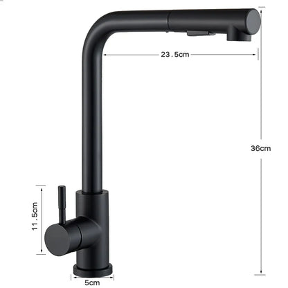 Rynx | Black Pull Out Kitchen Sink Faucet - Flexible 2 Modes Stream & Sprayer Nozzle, Stainless Steel Hot Cold Water Mixer Tap Deck