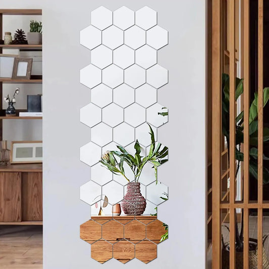 Rynx | 12PCS Geometric Solid Hexagonal Mirror Wall Stickers - DIY with Built-in Adhesive, Removable Home Decoration