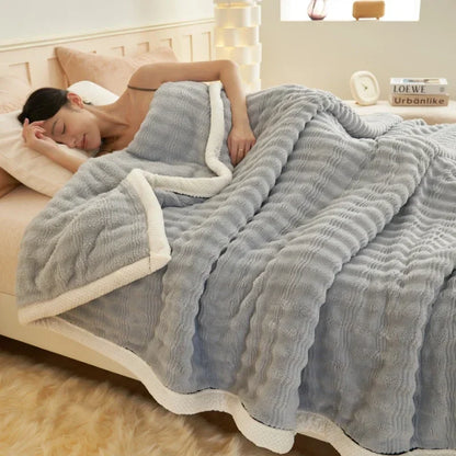 Rynx Imitation Rabbit Plush Autumn Winter Warm Blanket Striped Fluffy Warmth Sofa Blankets Soft Absorbent Breathable Nap Blanket
