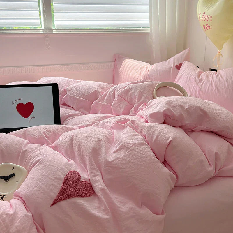 Rynx | Cute pink heart bedding set in Nordic embroidery bed sheet set of four pieces for home luxury duvet cover set for girls