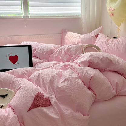 Rynx | Cute pink heart bedding set in Nordic embroidery bed sheet set of four pieces for home luxury duvet cover set for girls
