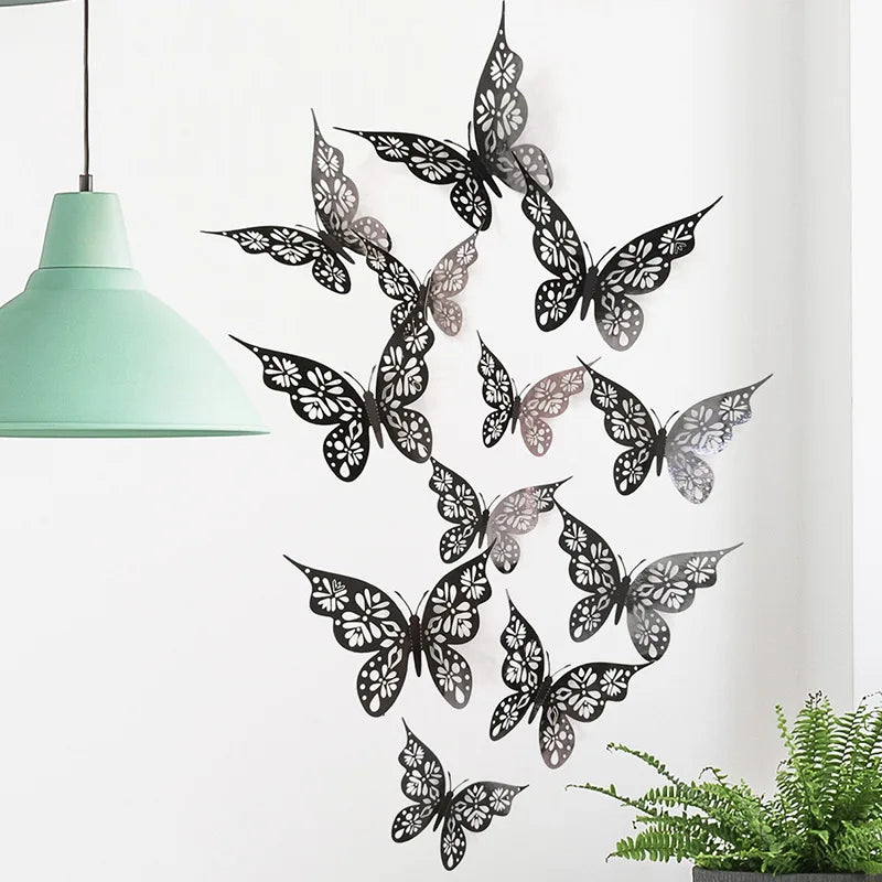 Rynx | 12 Pieces 3D Hollow Butterfly Wall Sticker - Bedroom Living Room Home Decoration Paper Butterflies