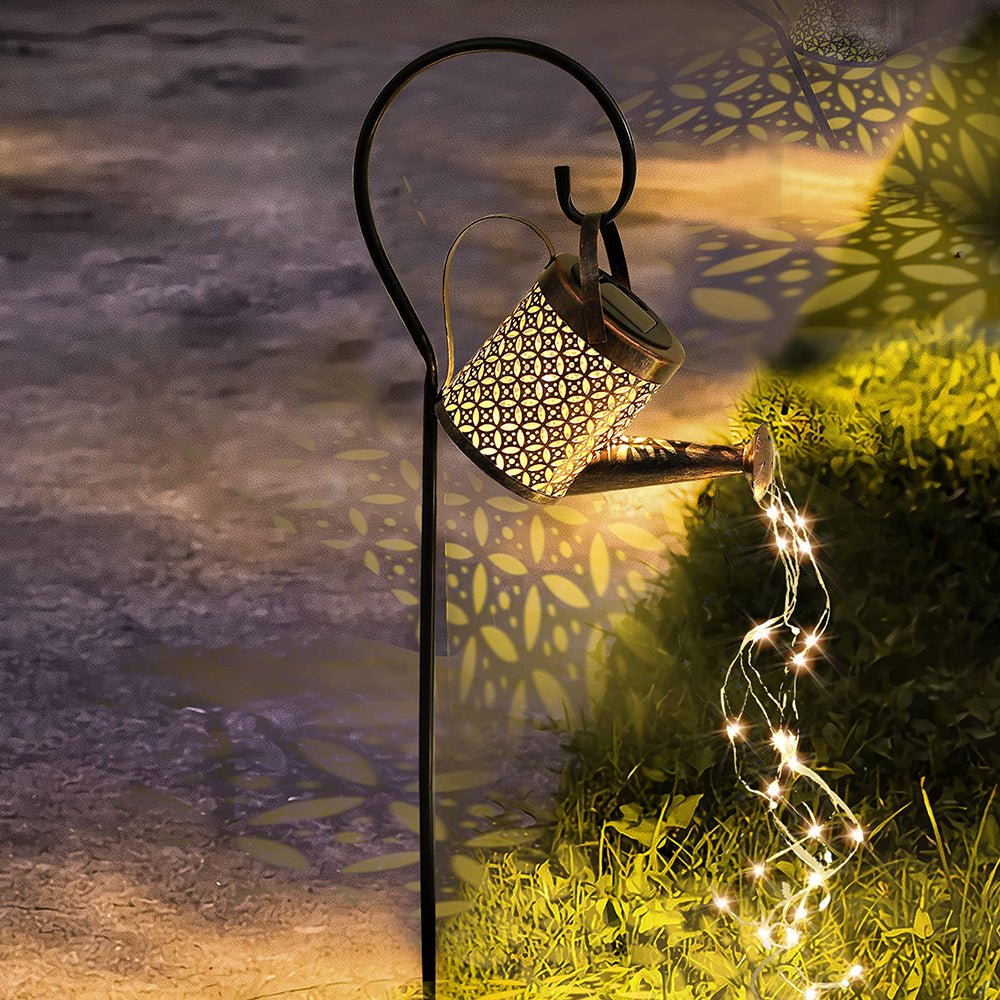 Rynx | Hanging Solar Garden Watering Can with Waterfall String Lights & Stand