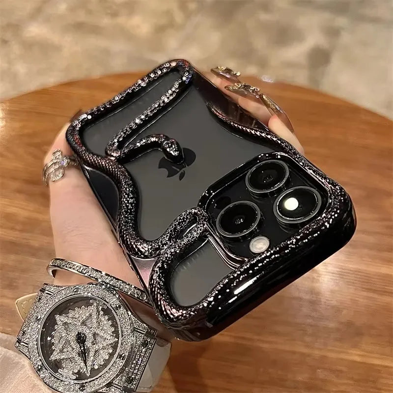 Rynx | Plating Weicher Gummi Rahmen Hohler Schlange Handyhülle Für iPhone 11 12 13 14 15 16 Pro Max Objektivschutz Unregelmäßige Stoßfeste Hülle