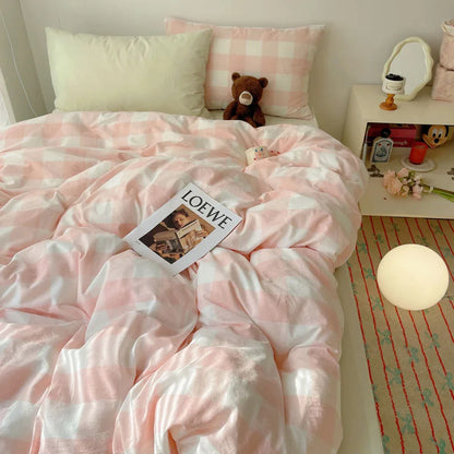 Rynx | Korean bedding set INS girl striped soft washed cotton sheet set queen king size duvet set pillowcases bedding