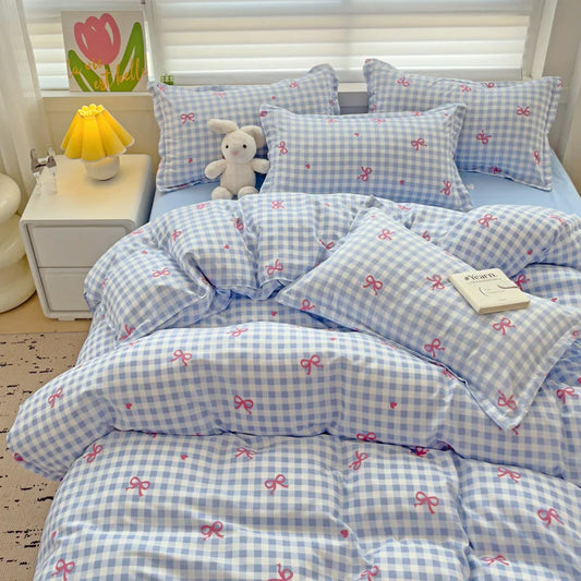 Rynx | In the Bow Duvet Cover Set without Filling Flat Linen Pillowcases Korean Style Twin Double Full Size Soft Girl Princess Bedding