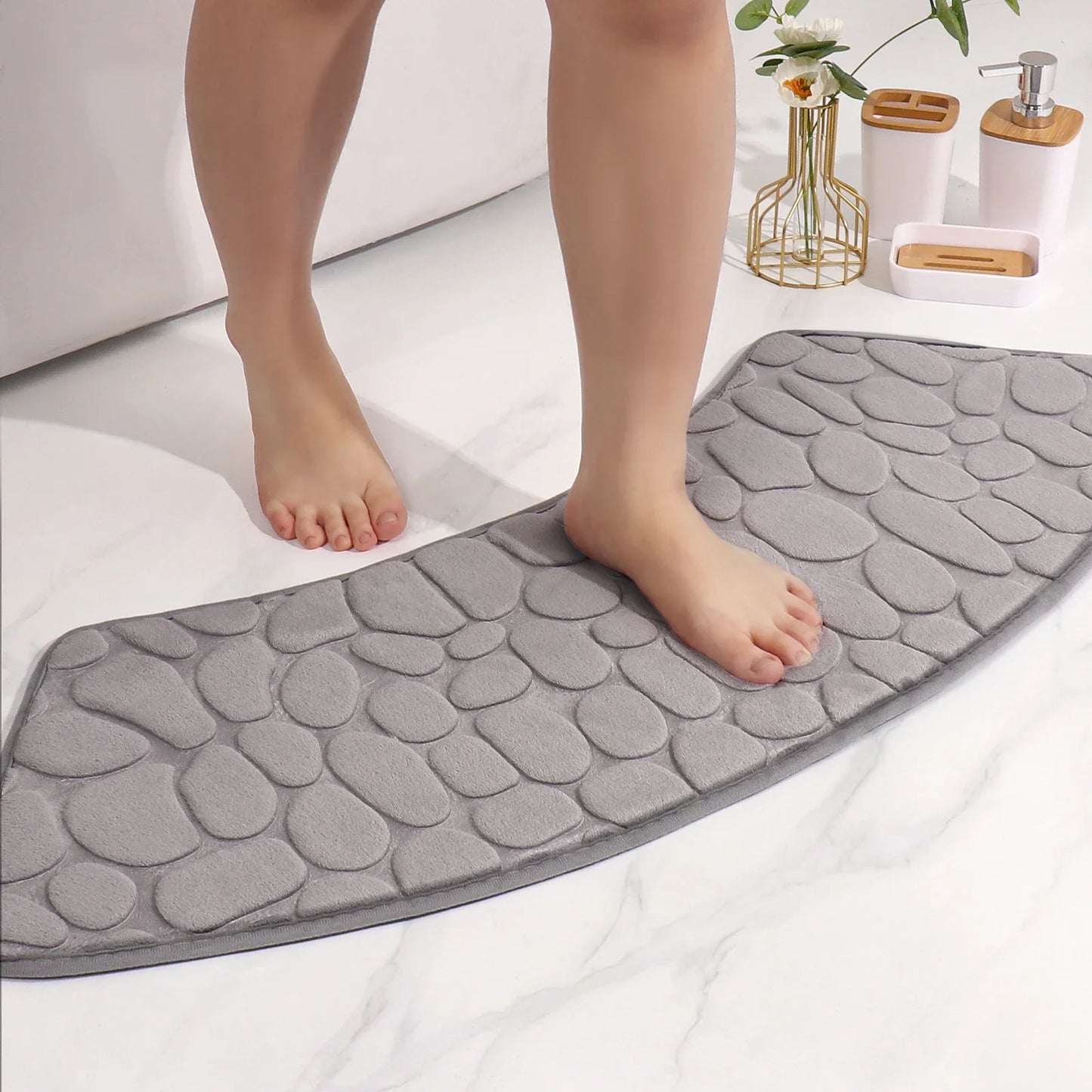 Rynx | Curved Bathroom Mat - Non-Slip Pebble Embossed Bath Mat | Absorbent Floor and Toilet Mat for Showers