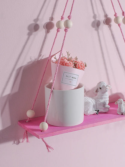 Rynx | Pink Wooden Floating Shelf – Nordic Hanging Decoration Display Stand for Girls' Kids Room Aesthetic Wall Decor