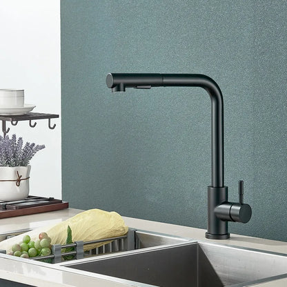 Rynx | Black Pull Out Kitchen Sink Faucet - Flexible 2 Modes Stream & Sprayer Nozzle, Stainless Steel Hot Cold Water Mixer Tap Deck