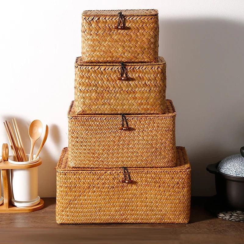 Rynx | Natural Seaweed Laundry Basket with Lid - Stylish Basket for Bath Items, Cosmetics, and Towels