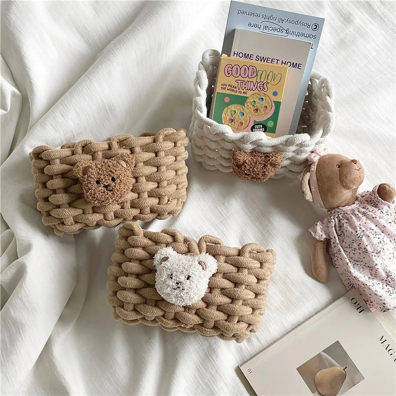 Rynx | Into Kawai Desktop Storage Basket Korea Bear Cotton Linen Woven Basket Cute Cosmetic Make-up Small Items Storage Basket Organizer Box