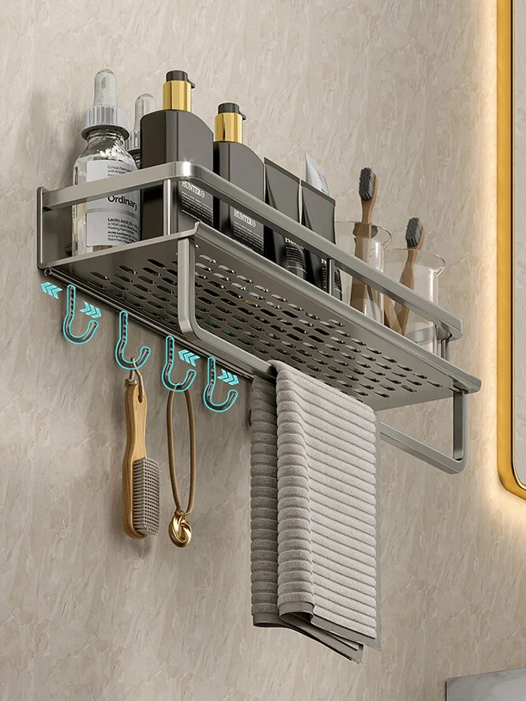 Rynx | Punch-Free Bathroom Rack – Aluminum Space-Saving Shelf – No Drill Hanging Organizer – Wall-Mounted Toilet Shelf for Efficient Bathroom Storage