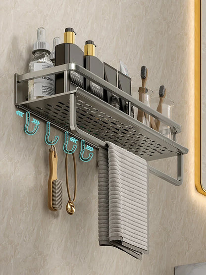 Rynx | Punch-Free Bathroom Rack – Aluminum Space-Saving Shelf – No Drill Hanging Organizer – Wall-Mounted Toilet Shelf for Efficient Bathroom Storage