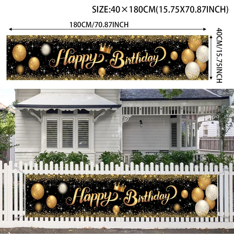 Rynx | Gold Glitter Happy Birthday Party Backdrop - Black Adult Theme Photo Decoration, DIY Backdrops for Party Supplies