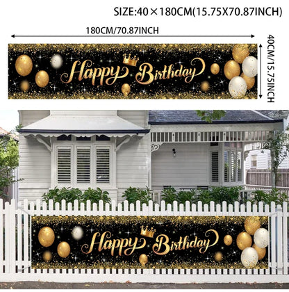 Rynx | Gold Glitter Happy Birthday Party Backdrop - Black Adult Theme Photo Decoration, DIY Backdrops for Party Supplies