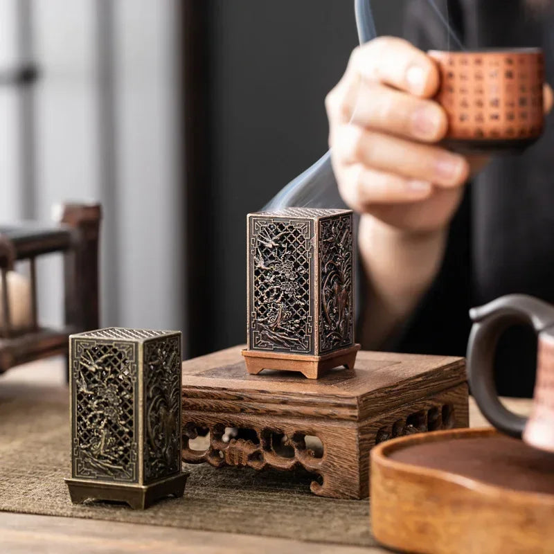 Rynx | Square Vertical Incense Burner - Small Xiangyun Alloy Holder for Indoor Aromatherapy, Chinese Plum Home Ornament