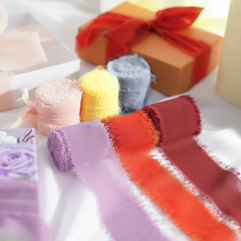 Rynx | 5M Handmade Frayed Edged Satin Chiffon Silk Ribbon - For Wedding Invitations, Bouquets, Birthday Party Decorations, and Gifts