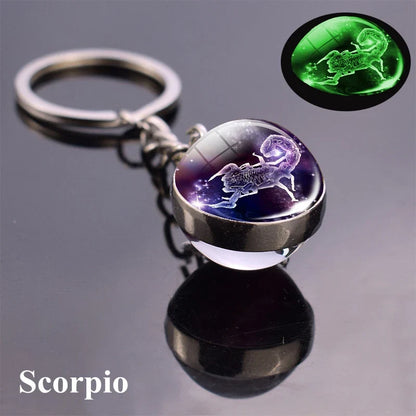 Rynx | New Luminous 12 Constellation Glass Ball Key Rings: Double Sided Zodiac Signs Keychain for Women - Glow in the Dark Birthday Gift