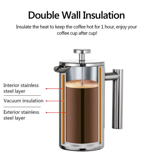 Rynx | 350ml/800ml/1000ml French Press Coffee Maker - Stainless Steel Double-Walled Insulated Coffee Pot