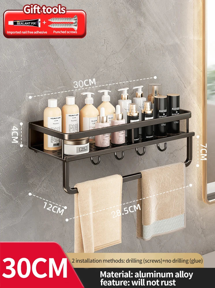 Rynx | Punch-Free Bathroom Rack – Aluminum Space-Saving Shelf – No Drill Hanging Organizer – Wall-Mounted Toilet Shelf for Efficient Bathroom Storage