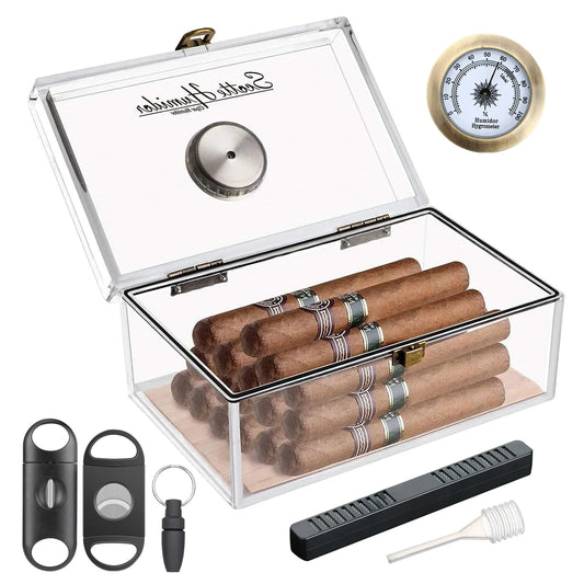 Rynx | Scotte Acrylic Cigar Case Humidor – Holds 20 Cigars, Includes Hygrometer, Humidifier, Cigar Cutters, Punch & Accessories