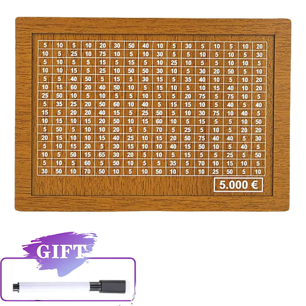 Rynx | Reusable Wooden Piggy Bank - Euro Money Box in 1000/2000/3000/5000 Sizes with Saving Goals and Number Boxes