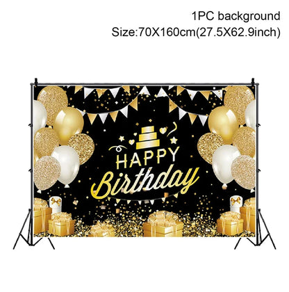 Rynx | Gold Glitter Happy Birthday Party Backdrop - Black Adult Theme Photo Decoration, DIY Backdrops for Party Supplies