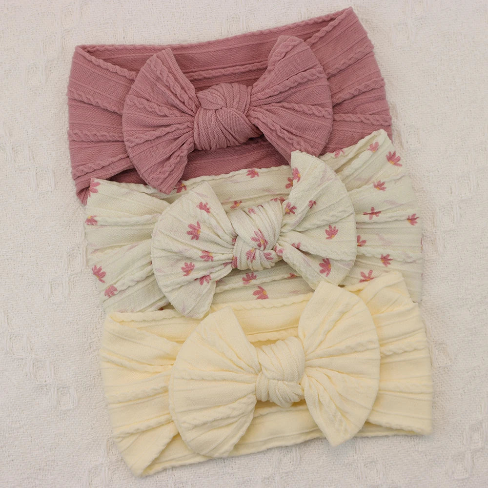 Rynx | 3Pcs Baby Headband Set: Knit Bows, Elastic Nylon Turban