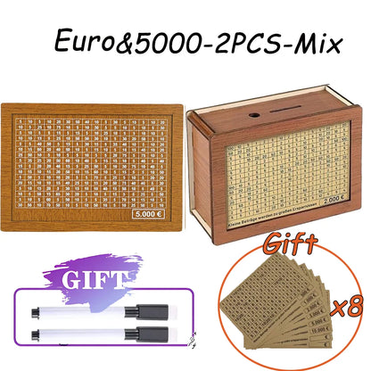 Rynx | Reusable Wooden Piggy Bank - Euro Money Box in 1000/2000/3000/5000 Sizes with Saving Goals and Number Boxes