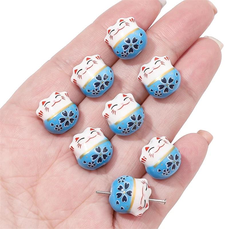Rynx | Set of 2 Artisan 14mm Ceramic Lucky Cat Charms for Creative Jewelry Designs