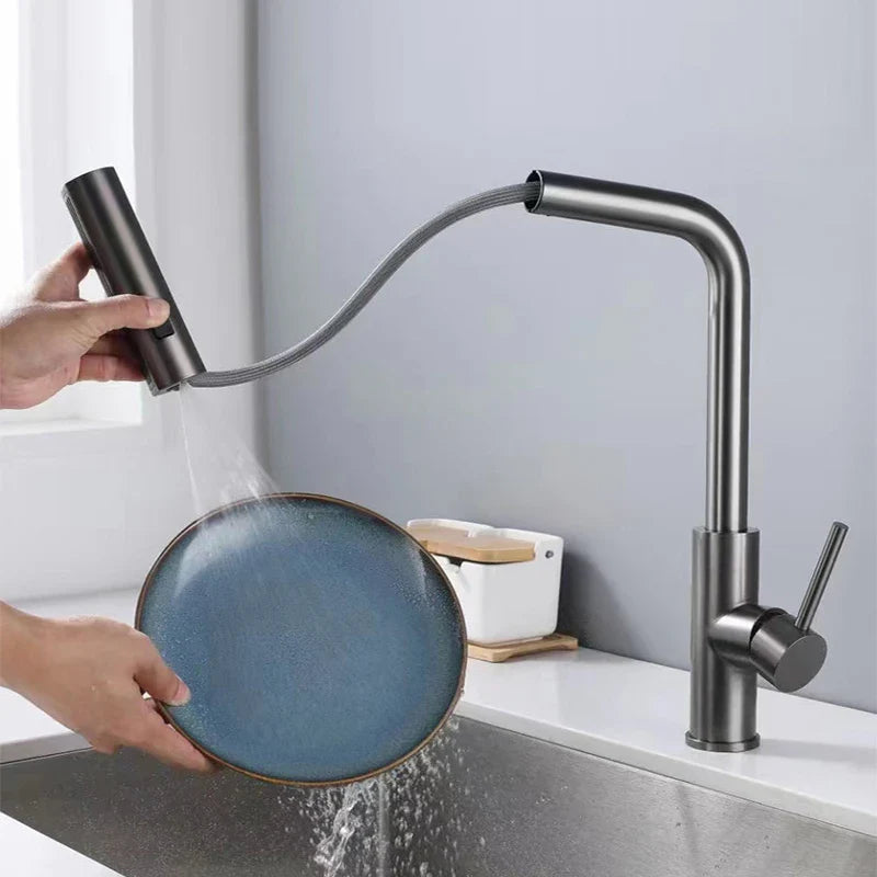 Rynx | YCRAYS Black Kitchen Faucets - Gray Pull Out Rotation Waterfall Stream Sprayer Head Sink Mixer, Brushed Nickel Water Tap Accessory