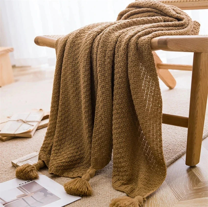 Rynx | Nordic blankets for bed sofa couch chunky knit bedspread knitted throw blanket with fringes solid color waffle embossed blanket