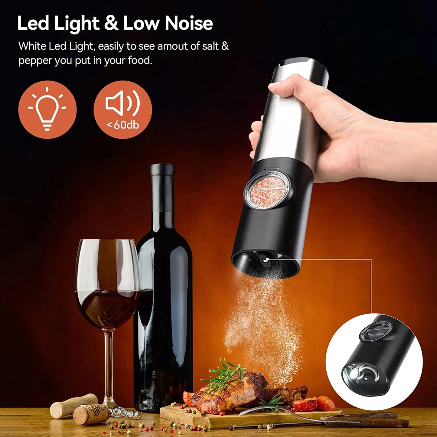 Rynx | USB Rechargeable Electric Salt and Pepper Grinder: Adjustable Coarseness, Refillable Mill - Battery Powered Kitchen Gadget