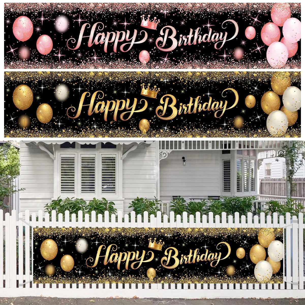 Rynx | Gold Glitter Happy Birthday Party Backdrop - Black Adult Theme Photo Decoration, DIY Backdrops for Party Supplies