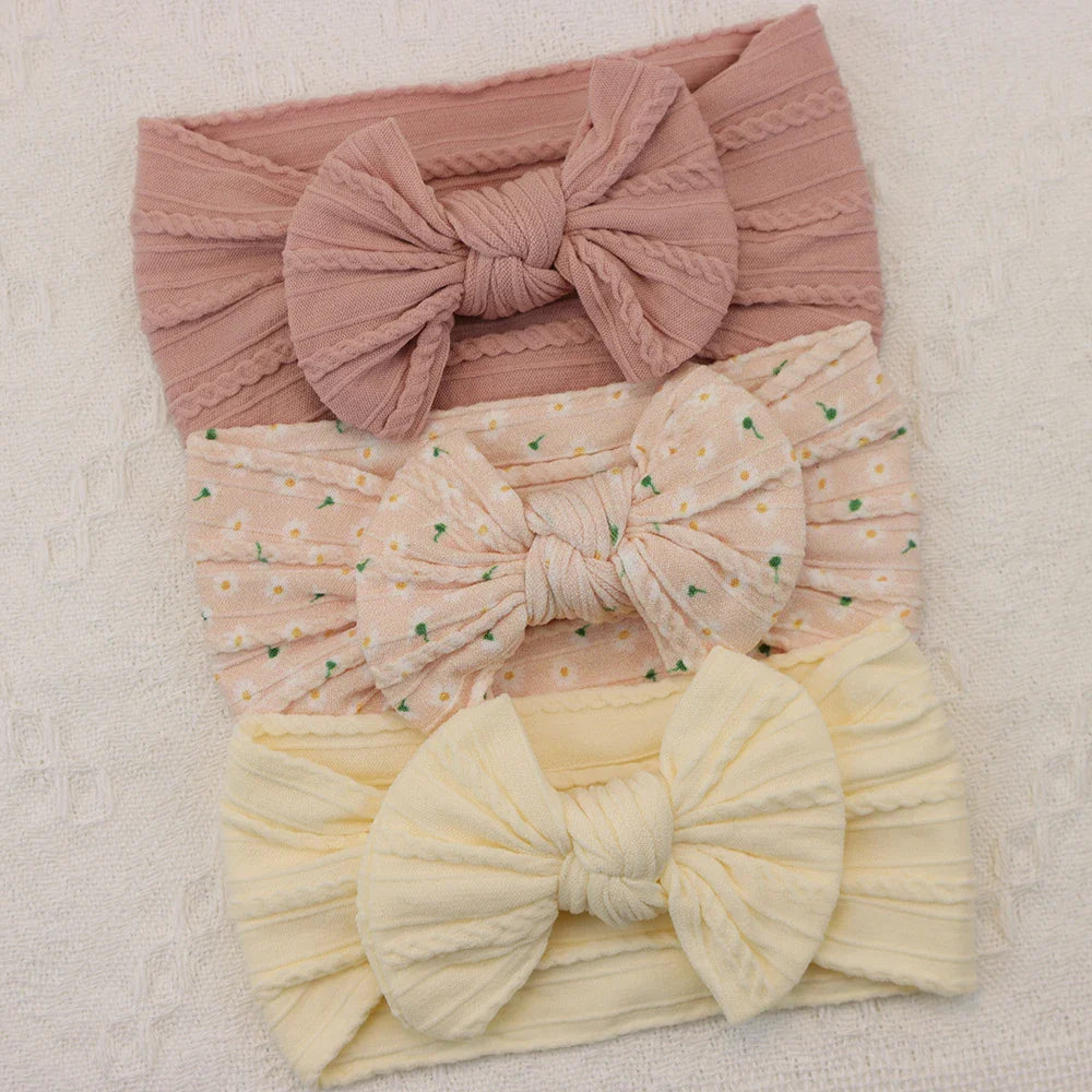 Rynx | 3Pcs Baby Headband Set: Knit Bows, Elastic Nylon Turban