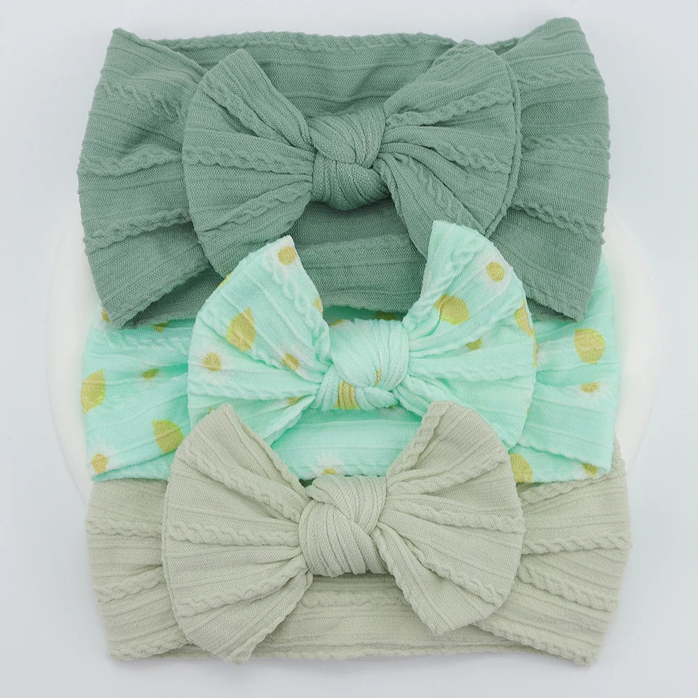 Rynx | 3Pcs Baby Headband Set: Knit Bows, Elastic Nylon Turban