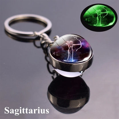 Rynx | New Luminous 12 Constellation Glass Ball Key Rings: Double Sided Zodiac Signs Keychain for Women - Glow in the Dark Birthday Gift