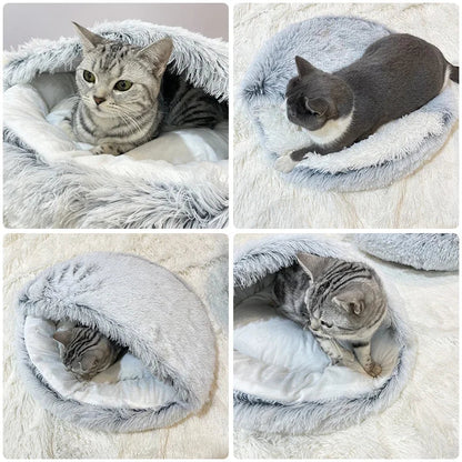 Rynx | Long Plush Cat Bed Round Cat Pillow Cat House 2 in 1 Warm Cat Basket Cat Sleeping Bag Cat Nest Kennel for Small Dog Cat