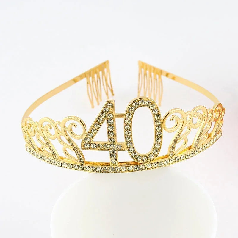 Rynx | Gold Crystal Birthday Tiara Crown for Women – 30th, 40th, 50th, 60th Party Decoration and Cake Topper