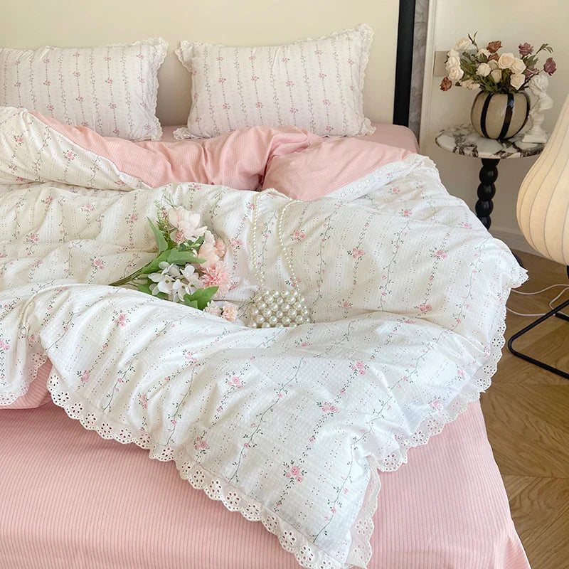Rynx | Ins Floral Bettwäsche Set Spitze Romantisch Für Frauen Mädchen Flach Spannbetttuch Mit Orange Kissenbezügen Weiches Gewaschenes Baumwolle Vollgröße